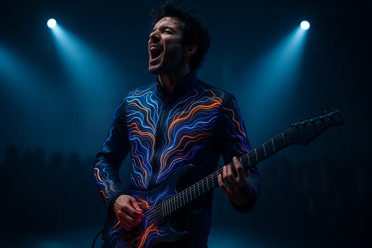 Performer spotlighted on stage, VibeWear a glowing canvas of dynamic E-Ink patterns visualizing music and emotion.
