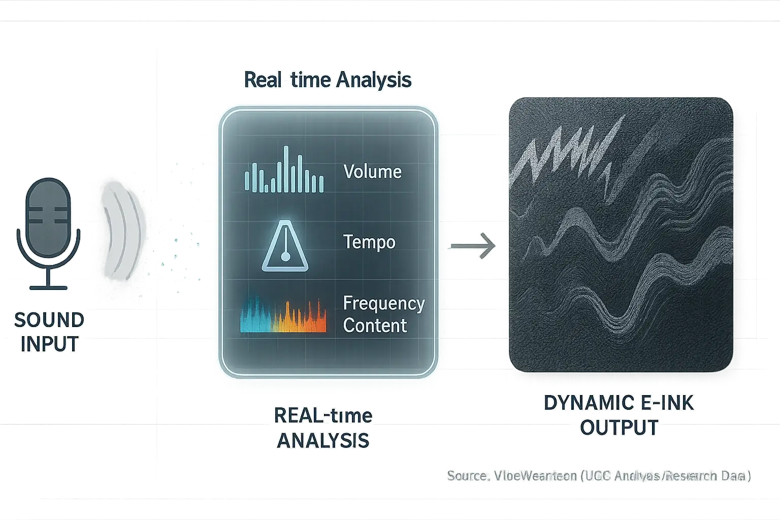 Infographic: Sound input, real-time analysis, & dynamic E-Ink output on fabric, showing how music creates patterns.