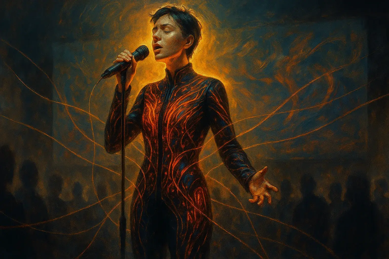 Performer's amplified emotion radiates via aura and shifting E-Ink attire, visually linking to audience.