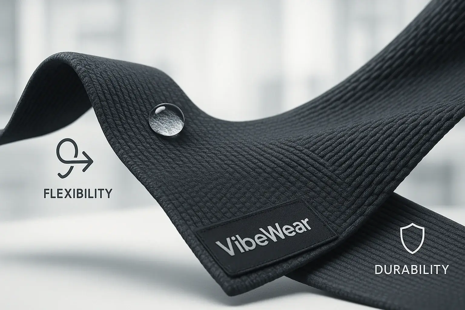 Stylized VibeWear fabric swatch, stretched and bent, with icons denoting flexibility, durability, and water resistance.