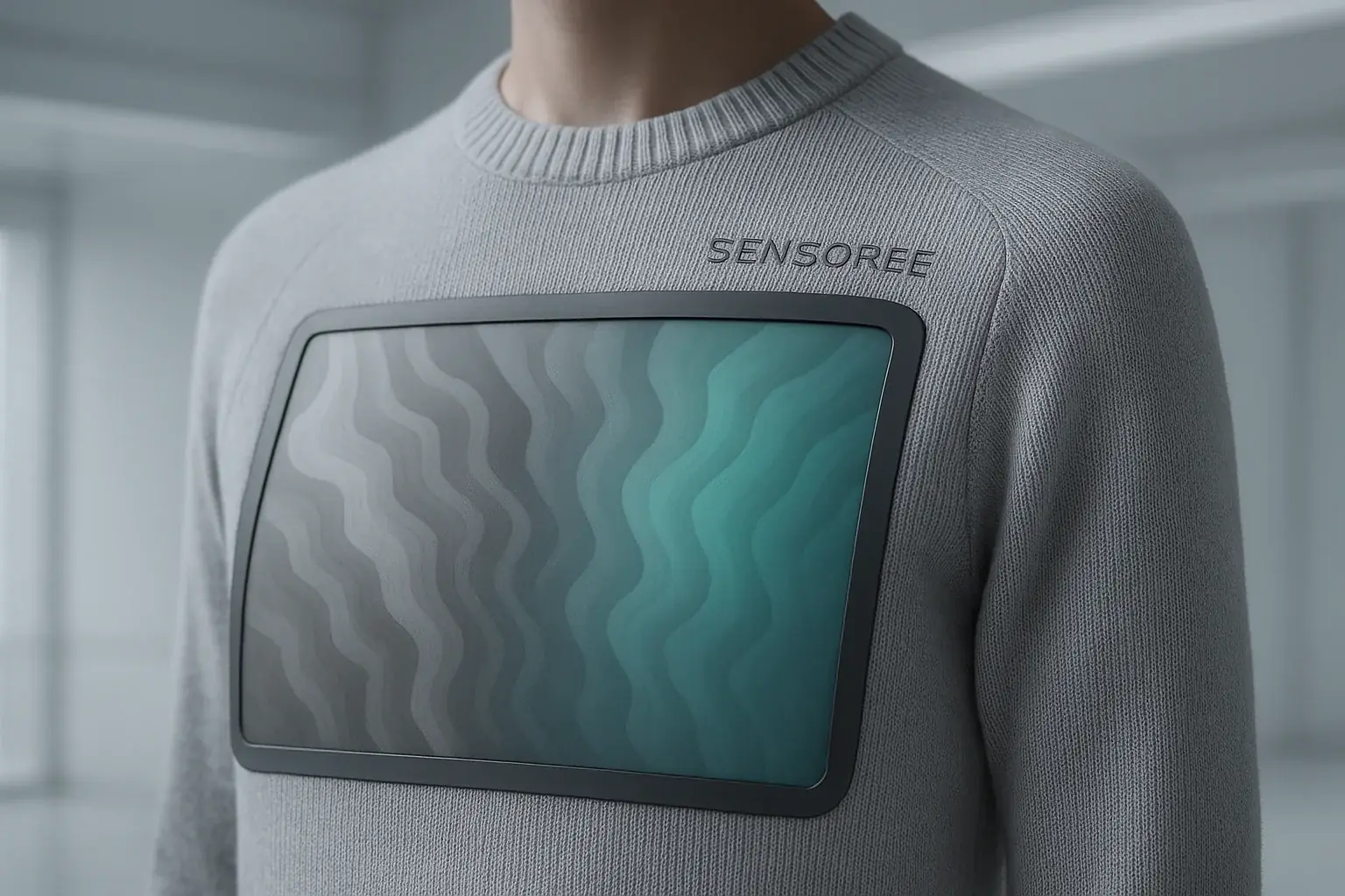 E-Ink panel on Sensoree Mood Sweater subtly shifts, visualizing mood; clean, futuristic aesthetic.