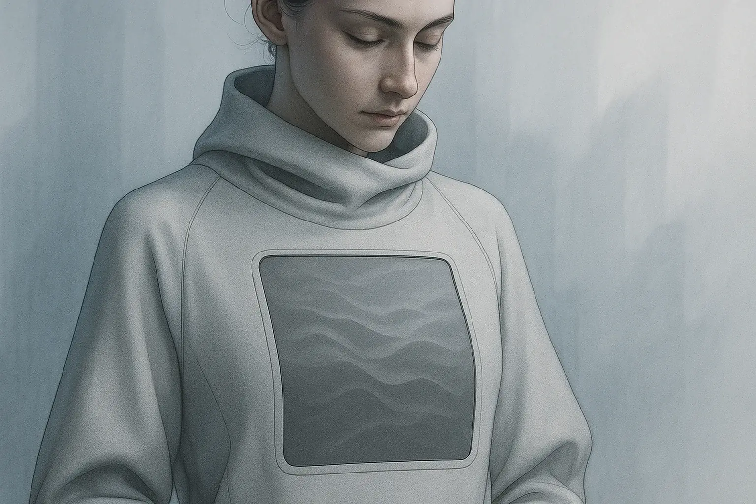 Sensoree Mood Sweater illustration: minimalist, E-Ink panel, embodying its futuristic, human-centric design.