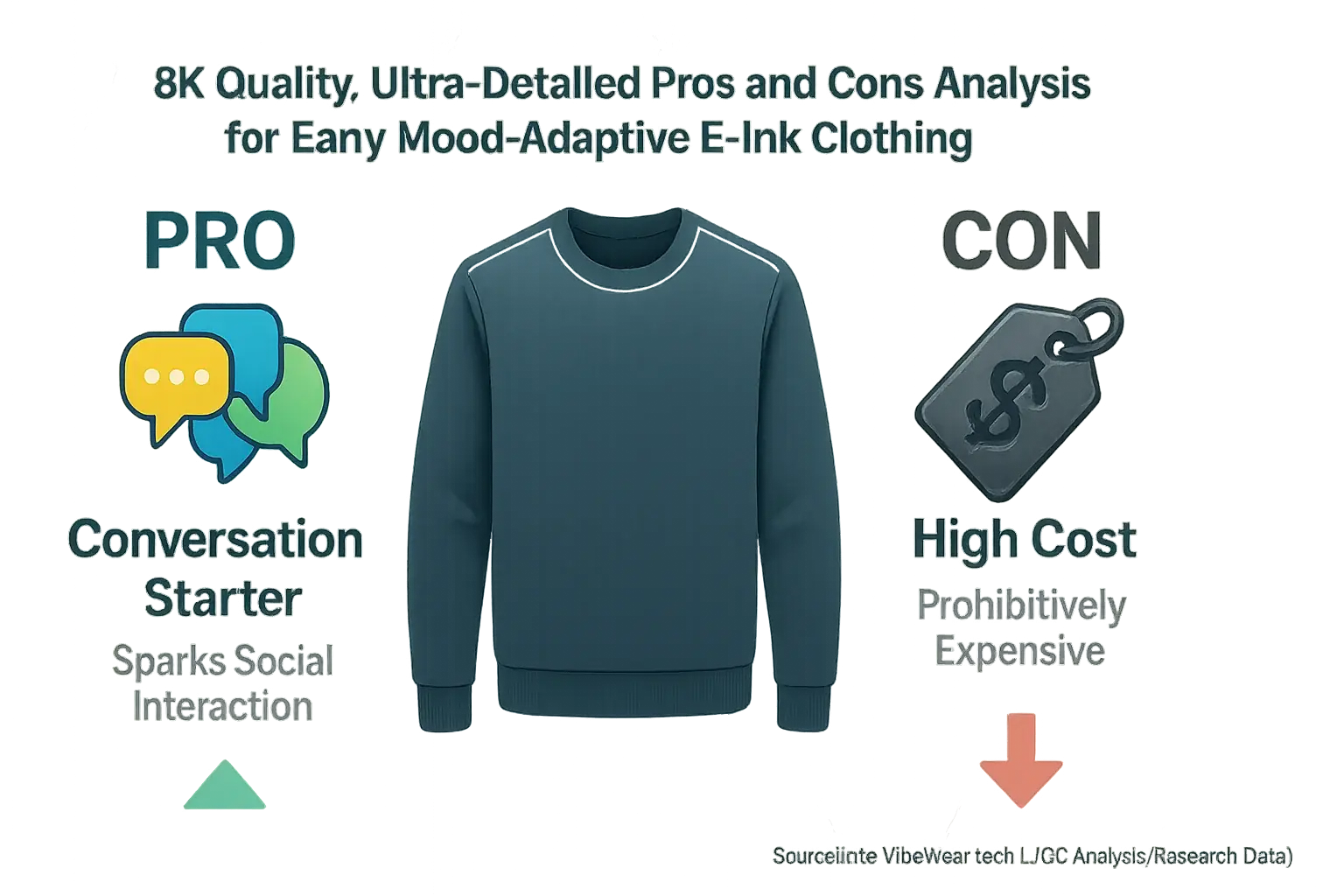 Infographic with icons: Pioneering E-Ink clothing's pros (novelty, conversation) vs cons (durability, cost, accuracy).