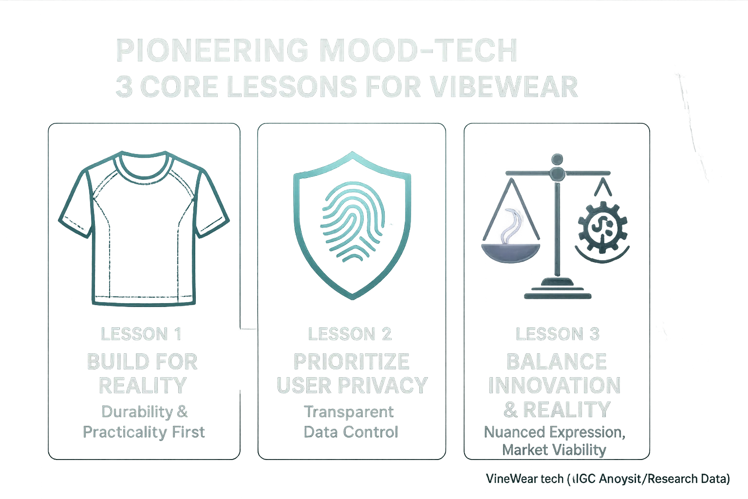 Infographic: 3 lessons from mood-adaptive pioneers for VibeWear, shown with icons: Durability, Privacy, Balanced Hype.