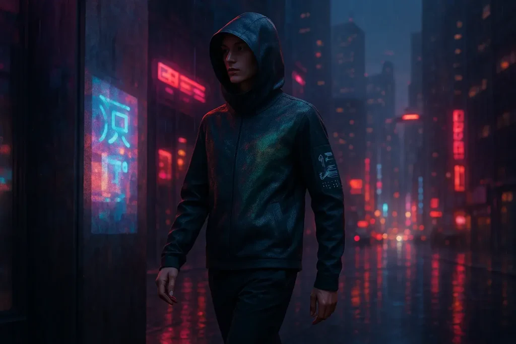 Urban nomad in cyberpunk city, VibeWear E-Ink clothes seamlessly adapt to mood/env, merging tech & minimalist style.