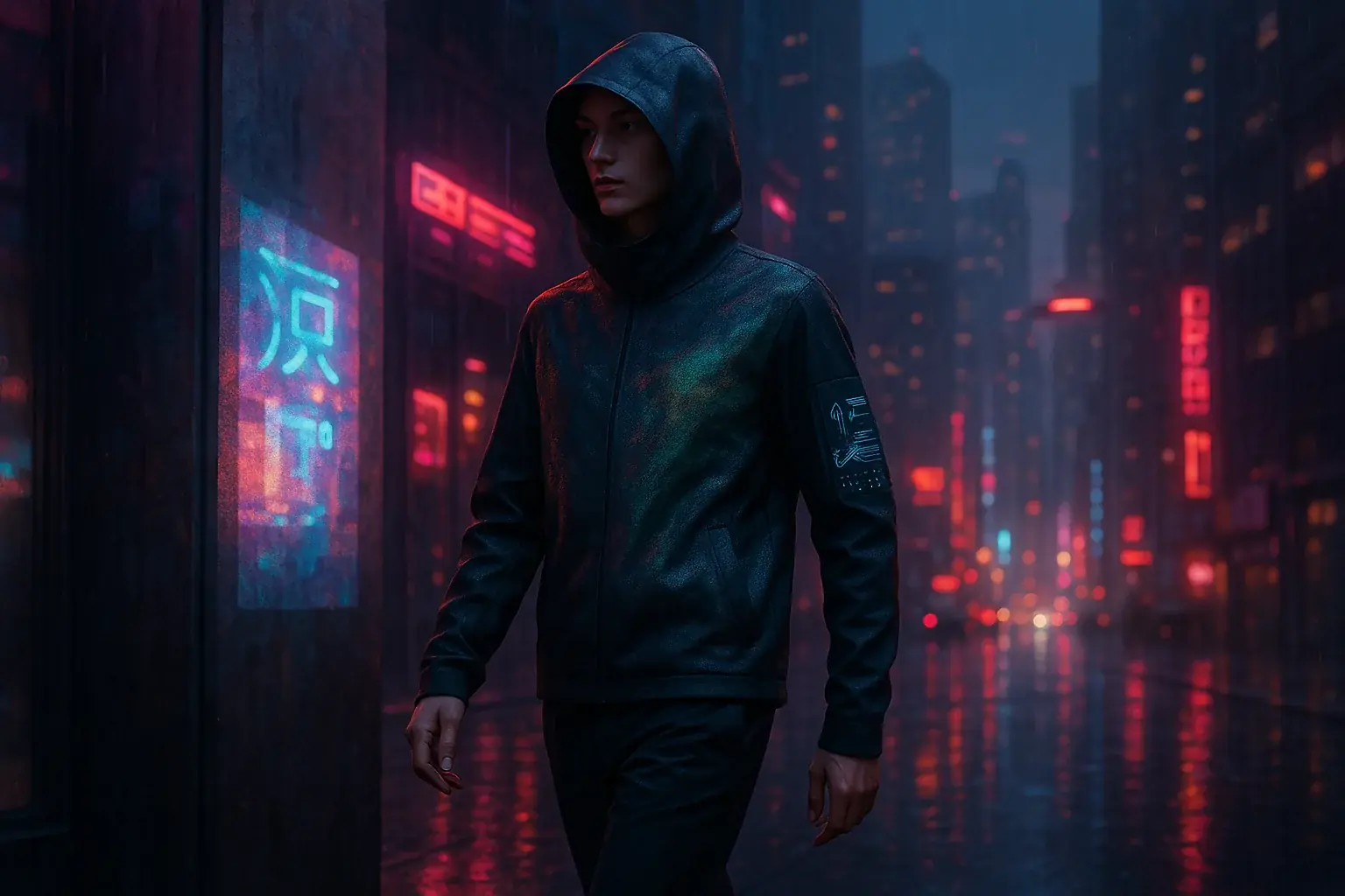 Urban nomad in cyberpunk city, VibeWear E-Ink clothes seamlessly adapt to mood/env, merging tech & minimalist style.