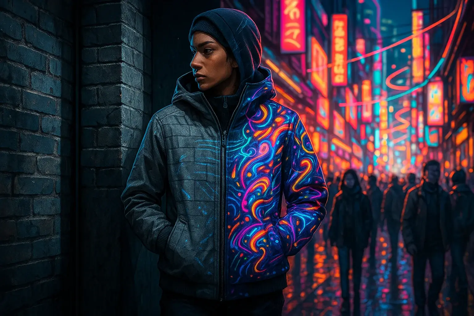 Urban nomad's E-Ink jacket: adaptive camouflage shifts brick to vibrant patterns, blending in or standing out.