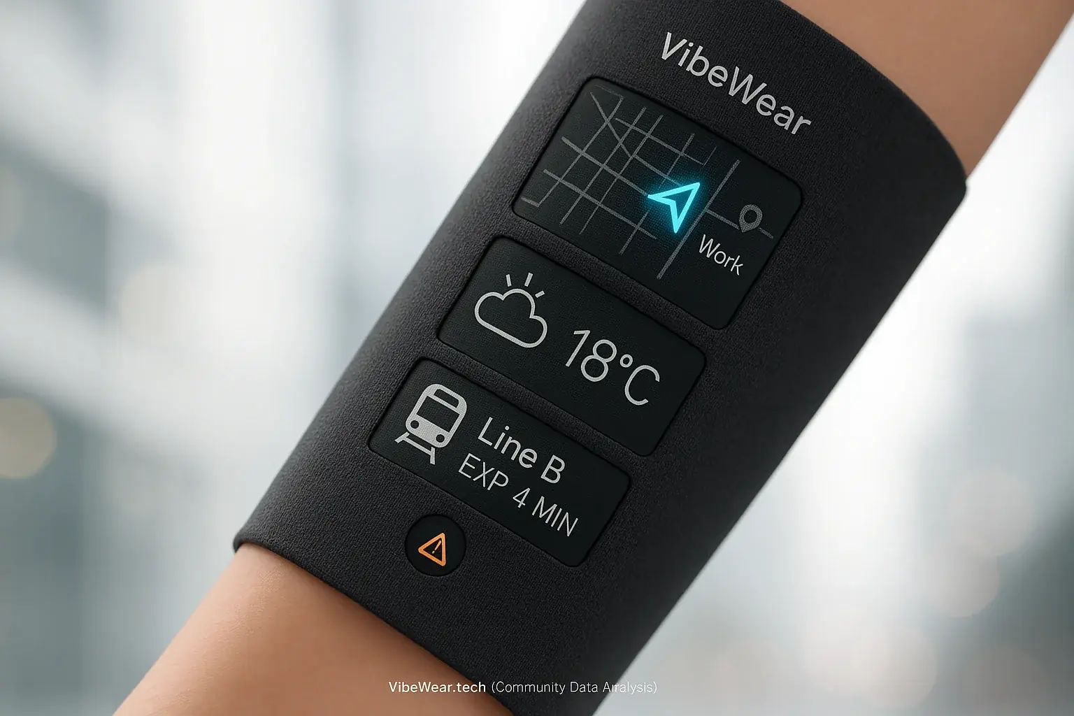 Stylized arm's VibeWear sleeve: E-Ink displays show real-time city data icons—navigation, weather, transit, alerts.