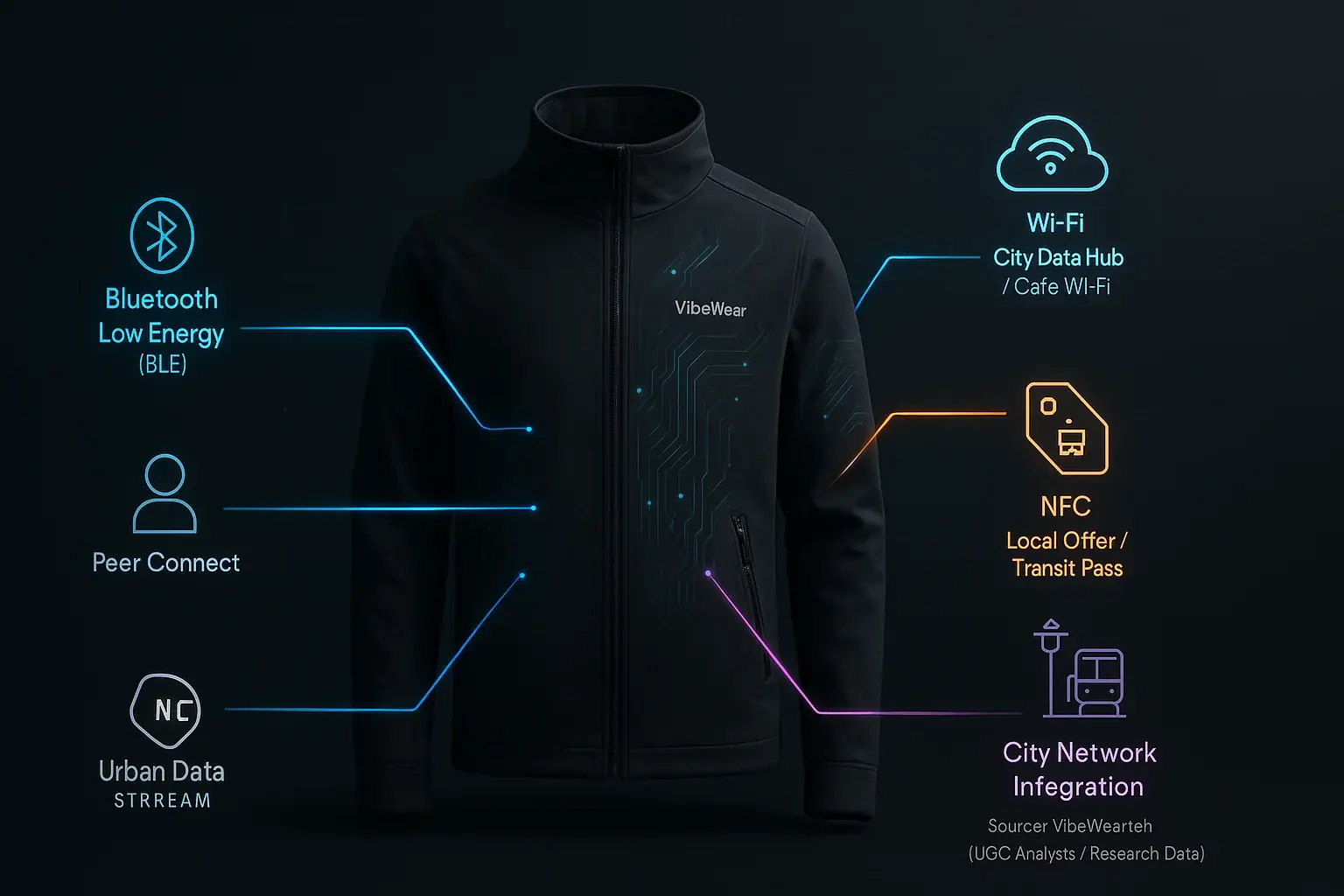 VibeWear garment at the center of a futuristic urban network, linking to transport, lights, Wi-Fi, other VibeWear users.