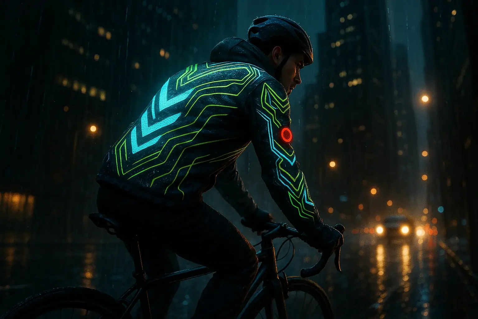 Night cyclist's VibeWear guardian jacket: bright patterns ensure visibility, subtle distress signal enhances urban safety.