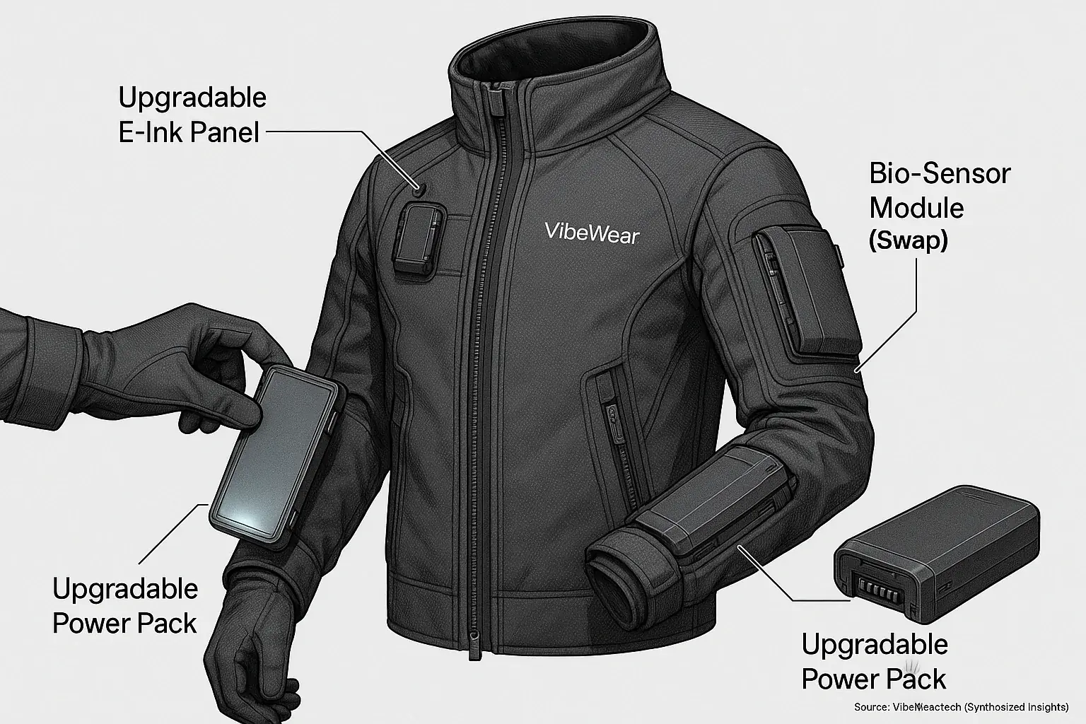 VibeWear jacket's modular design: E-Ink, sensors, power pack highlighted, hand easily swaps components for upgrades/repairs.