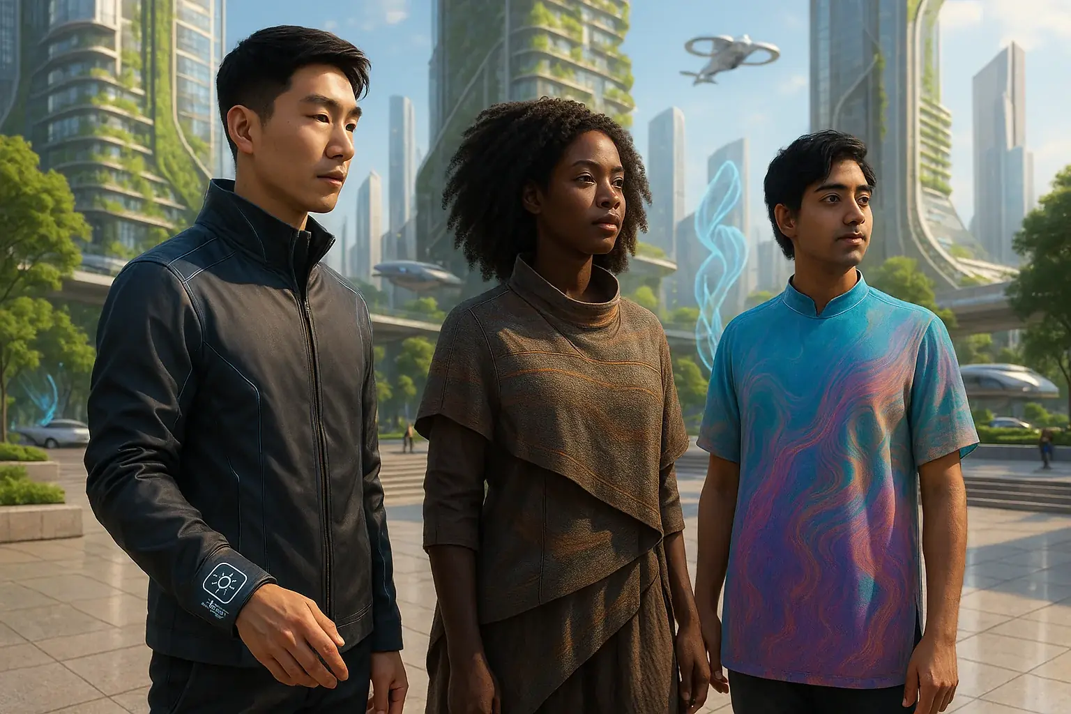 Optimistic futuristic city: diverse nomads in VibeWear, blending tech, fashion, individuality & eco-connection.