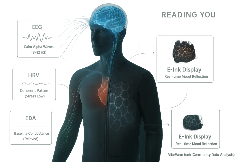 Subtle biometric signals (heart, brain) from body power stylized E-Ink garment, as VibeWear 'reads you' & adapts display.