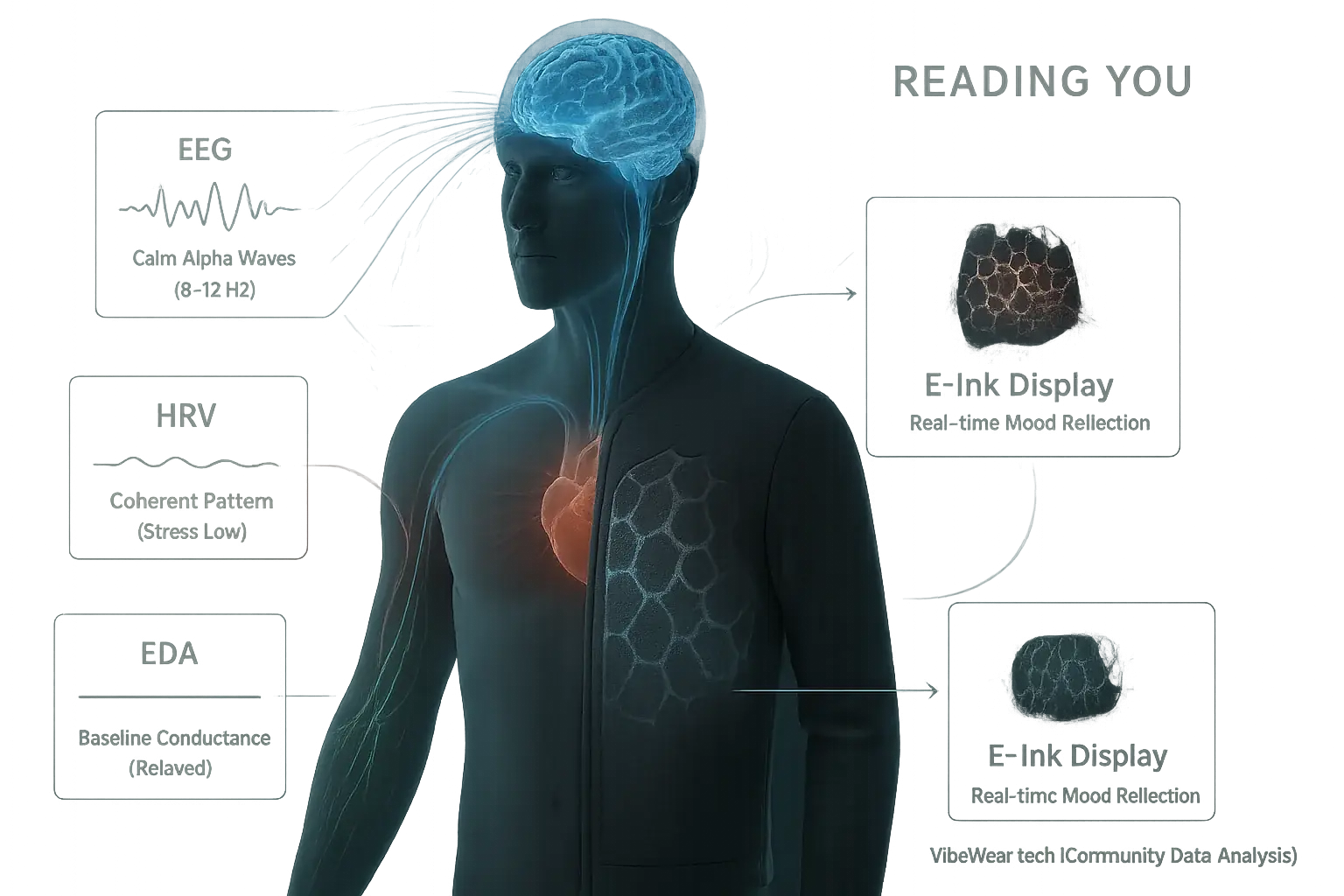Subtle biometric signals (heart, brain) from body power stylized E-Ink garment, as VibeWear 'reads you' & adapts display.