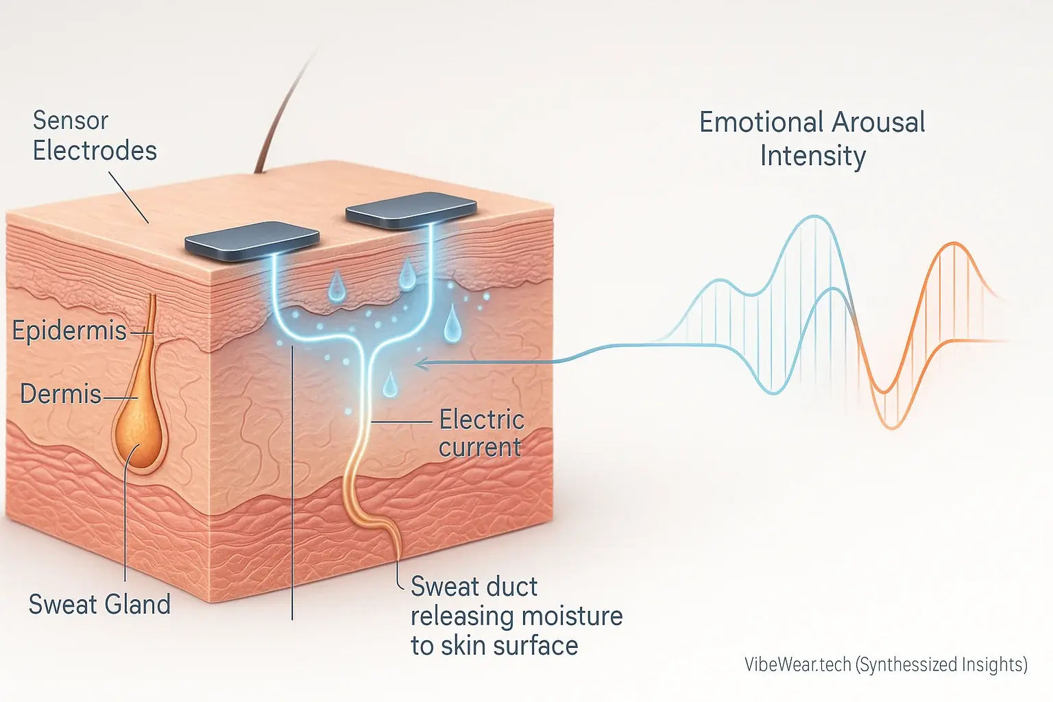 Diagram: EDA sensors on skin, sweat glands, electrical impulses, and how skin conductivity changes show emotional arousal.