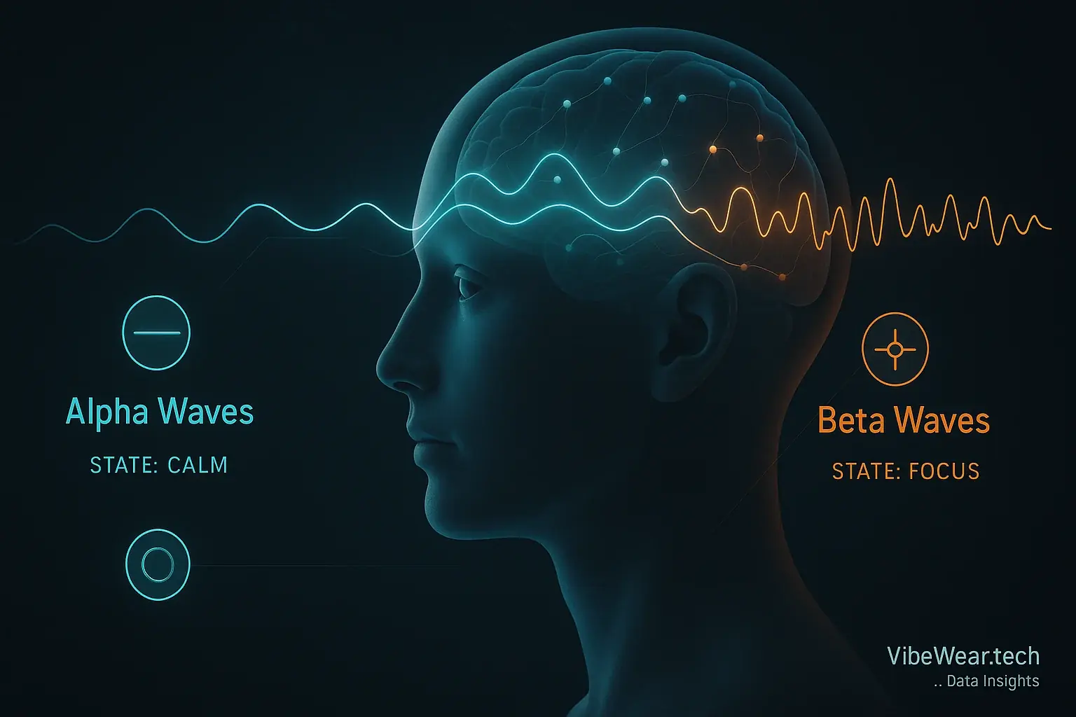 Stylized head with EEG sensors picking up emanating brainwaves (alpha, beta, etc.) linked to mental states like focus or