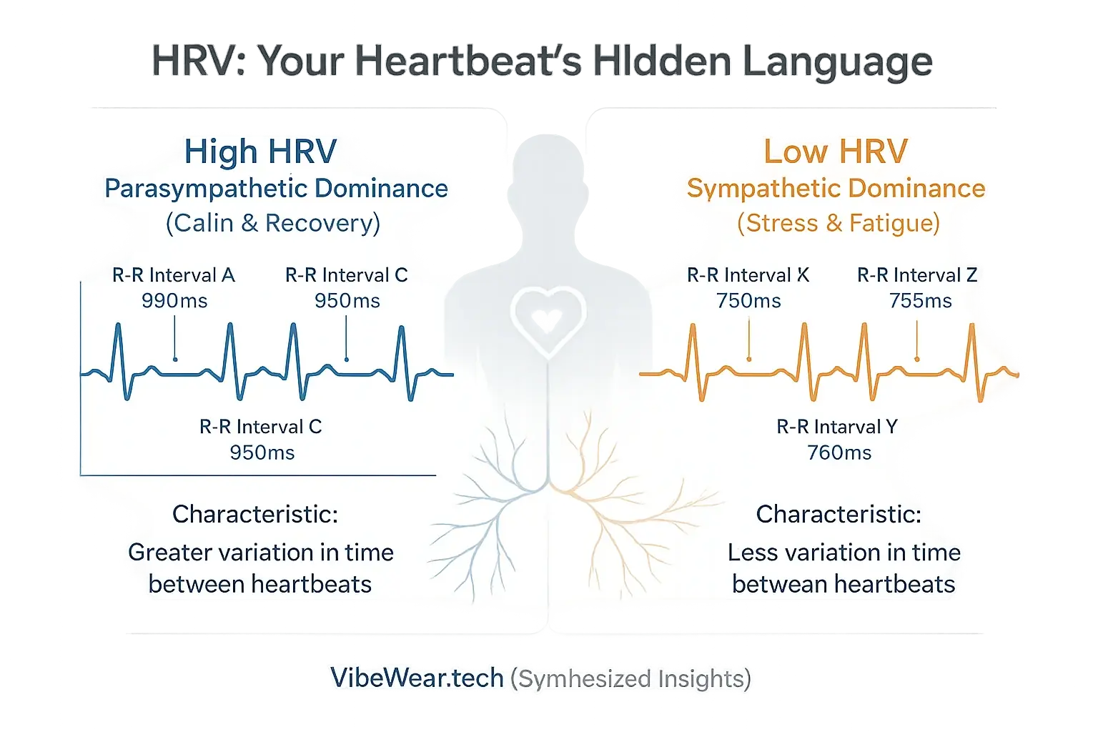Line graph: Irregular heartbeat line (High HRV) signifies calm; regular line (Low HRV) signifies stress.