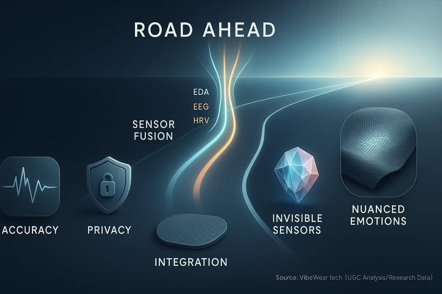 Stylized 'road ahead' for emotion-sensing wearables, showing challenges (privacy, accuracy) & breakthroughs (sensor fusion).