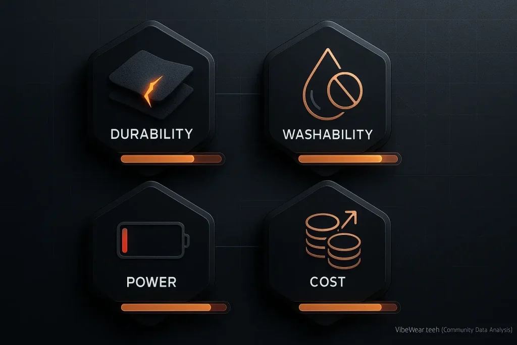 Icons illustrate E-Ink fashion hurdles: durability, washability, power, and cost.