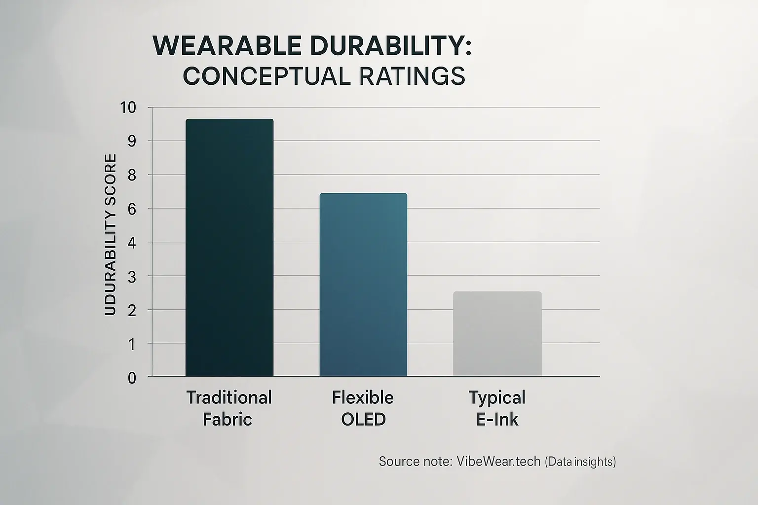 Bar chart: Mechanical stress resistance (1-10): E-Ink 3, Flex OLED 6, Fabric 9. E-Ink lowest.