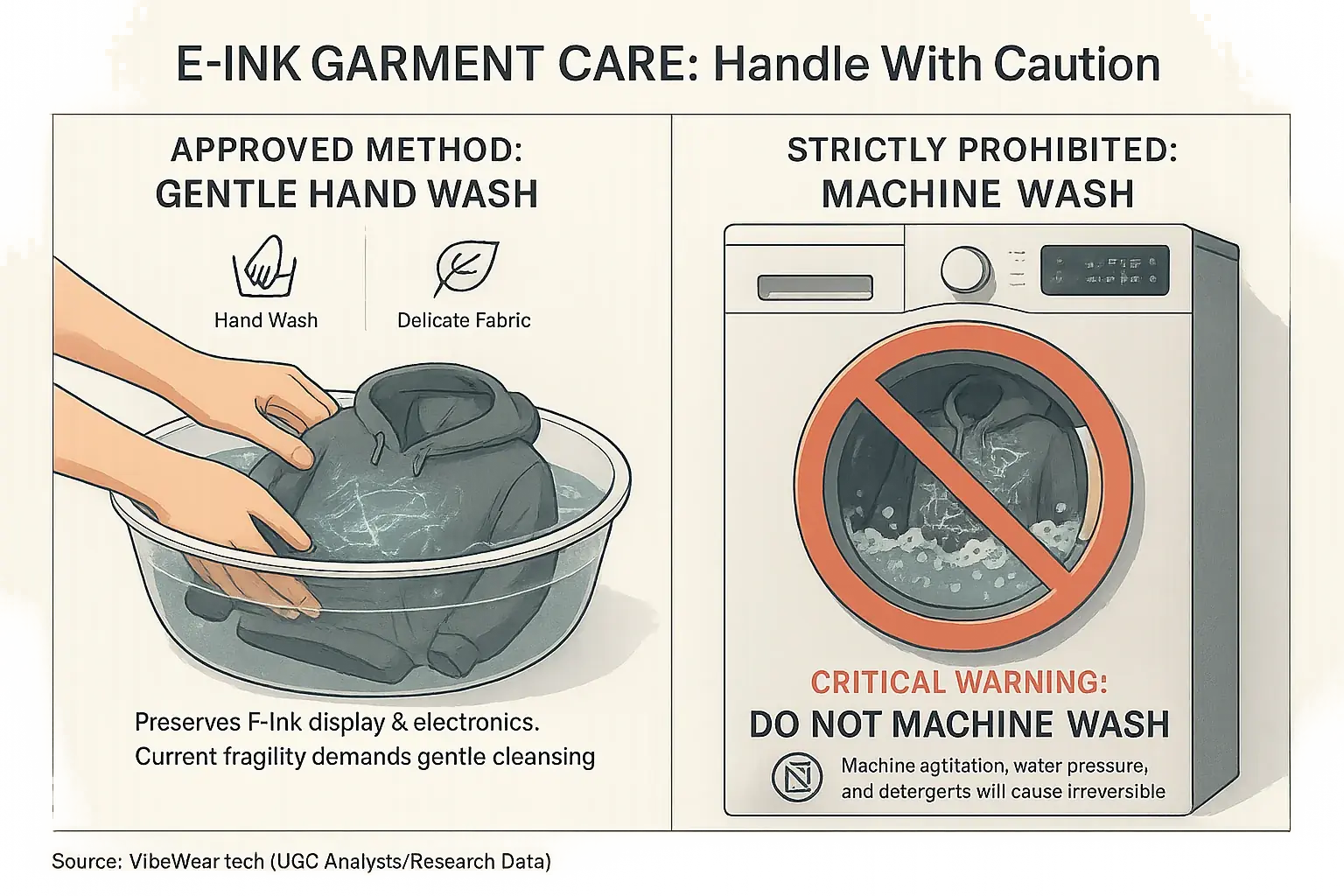 E-Ink care infographic: Shows safe hand-wash/dry clean, contrasts damaging machine wash. Visually warns 'DO NOT MACHINE