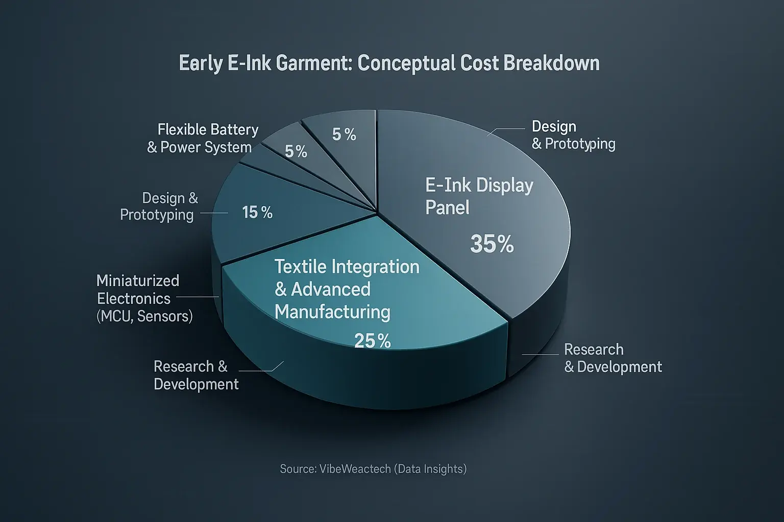 E-Ink garment cost pie chart: E-Ink panel (40%) is the main cost, with textile (20%), R&D (15%), sensors (15%), and MCU