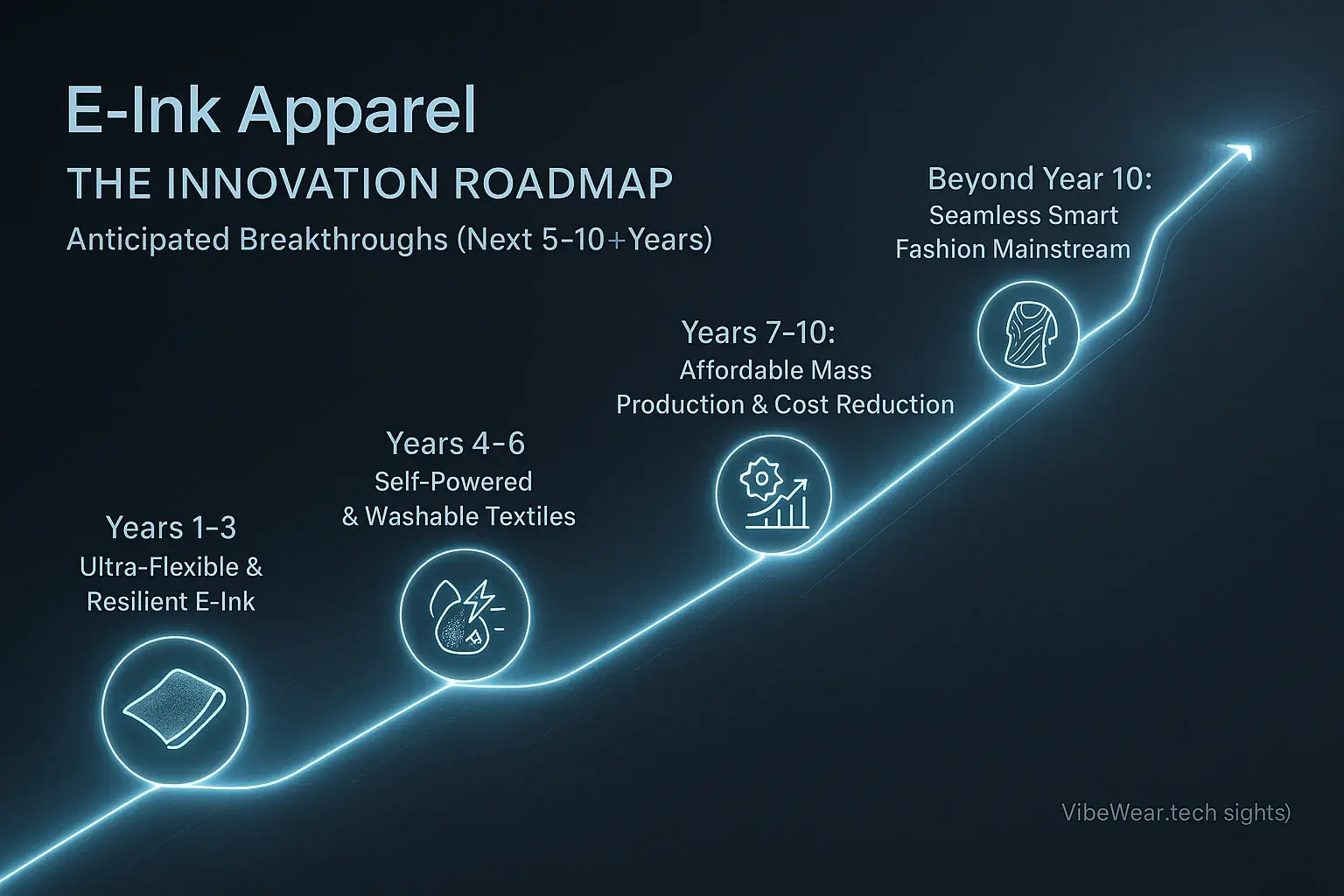 E-Ink apparel's innovative future: roadmap showing 5-10yr gains in durability, washability, power, and cost-effectiveness.