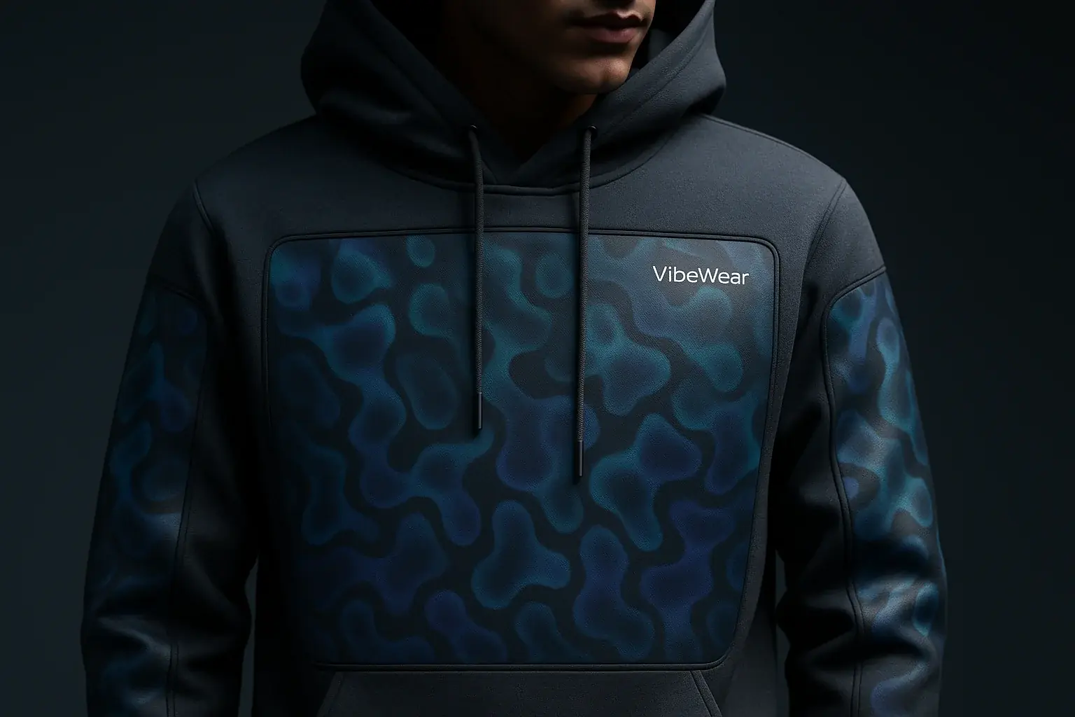 Futuristic hoodie: subtly changing, glowing E-Ink pattern blended into fabric, fashion's innovative new canvas.