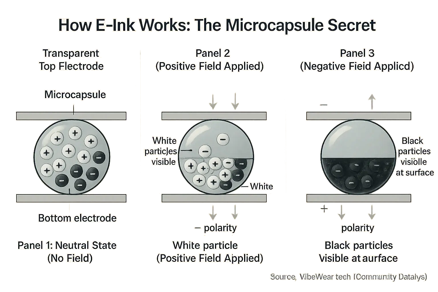 Infographic: E-Ink's microcapsule secret. Charged white/black particles shift via electric fields to create pixels.