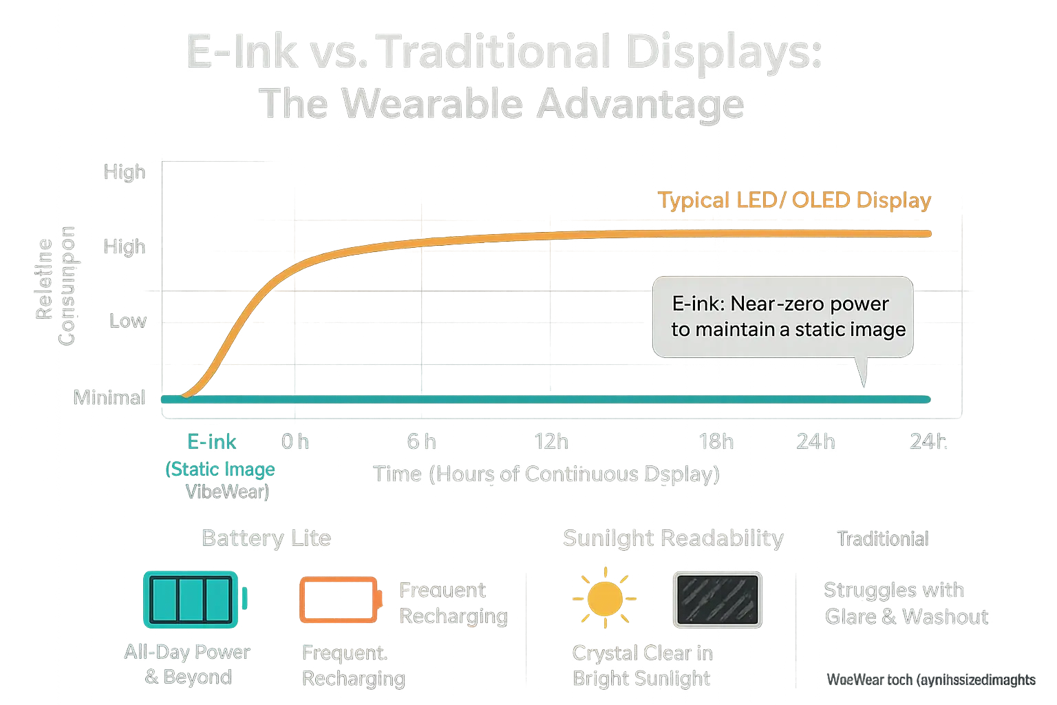Infographic: E-Ink's power efficiency for static displays vs. LED/OLED, showing VibeWear's wearable advantage in battery &