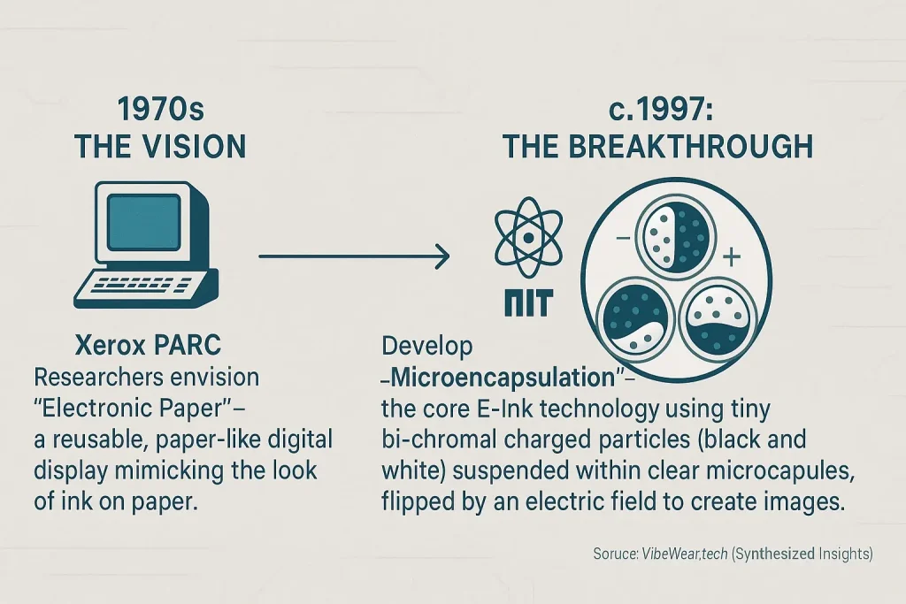 Timeline of E-Ink's origin at Xerox PARC, detailing key milestones, figures, and dates to early commercial use.