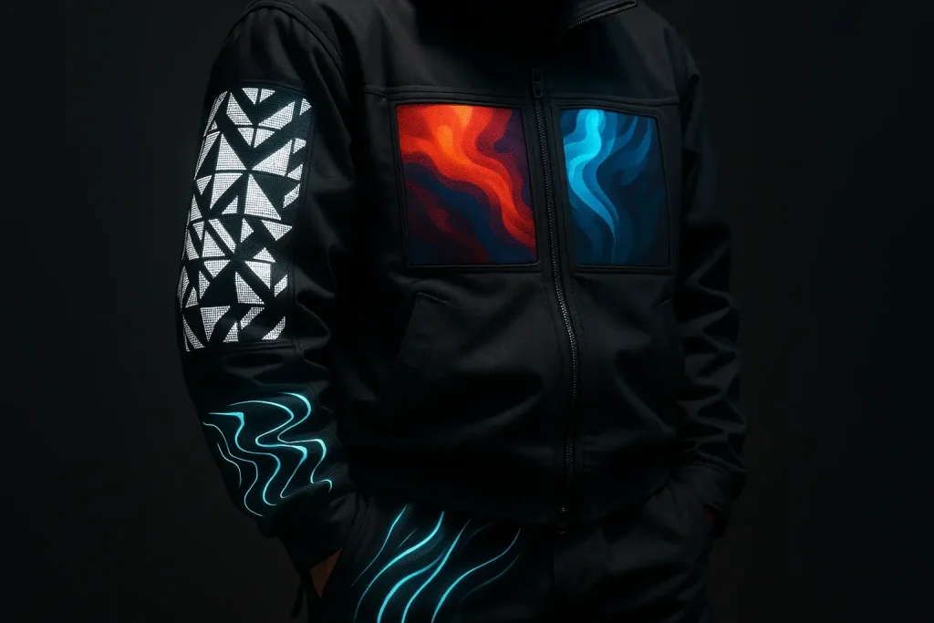 VibeWear with varied E-Ink types (mono, color, flexible) displaying distinct patterns, showing how each shapes your unique