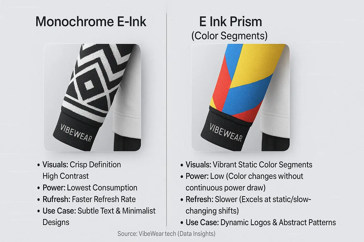 Infographic: E-Ink Prism (color) for vibrant fashion patterns vs. monochrome for power efficiency. Details visuals, refresh