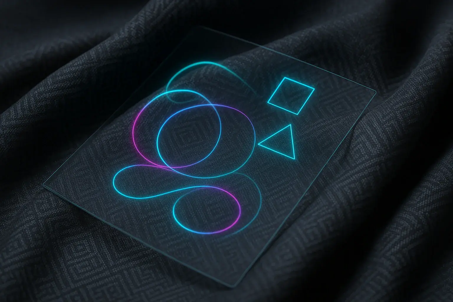 Transparent E-Ink overlays patterned fabric, with dynamic patterns appearing on top, creating a futuristic layered textile.