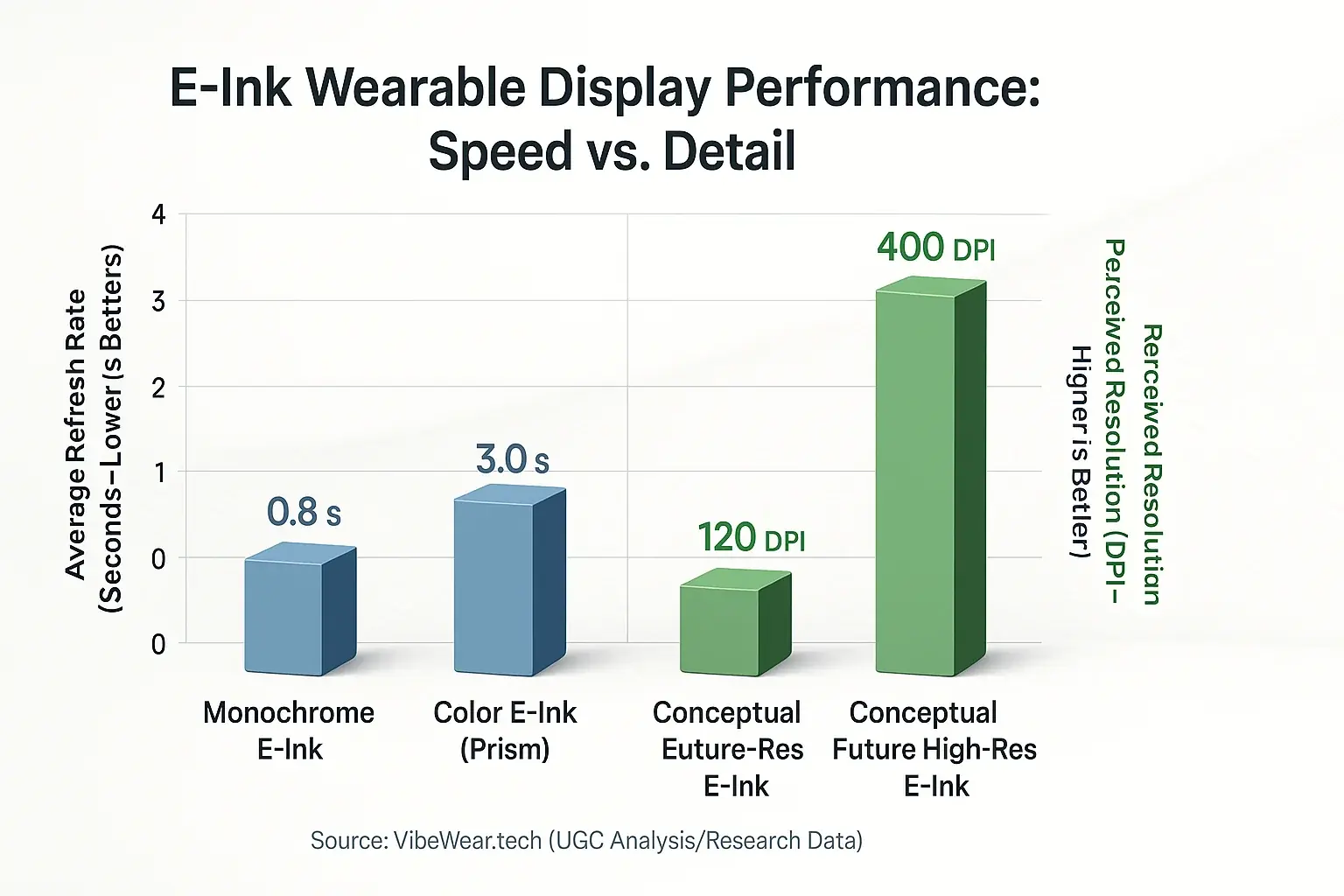 Bar chart comparing E-Ink types (Monochrome, Color, Future) on refresh rate (s) & resolution (DPI), highlighting the