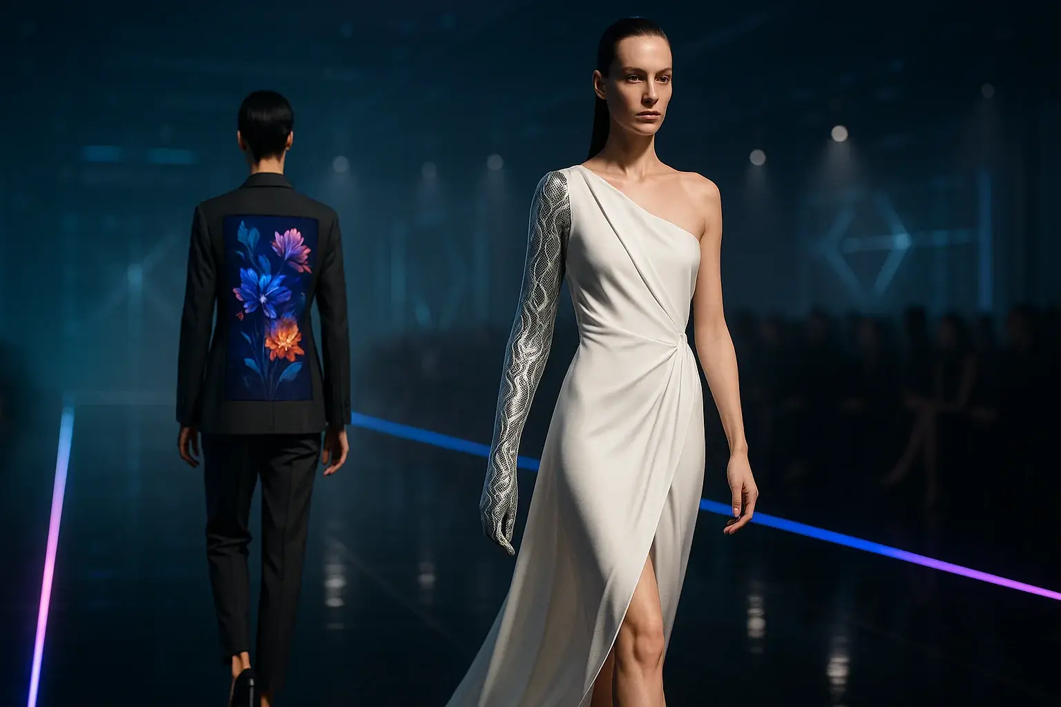 Conceptual futuristic runway: models in E-Ink garments with evolving, beautiful patterns, showcasing wearable tech's future.