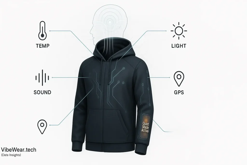 Stylized garment with temp, light, sound, GPS icons. Arrows show its display changing to inputs, embodying its 'sixth sense'.