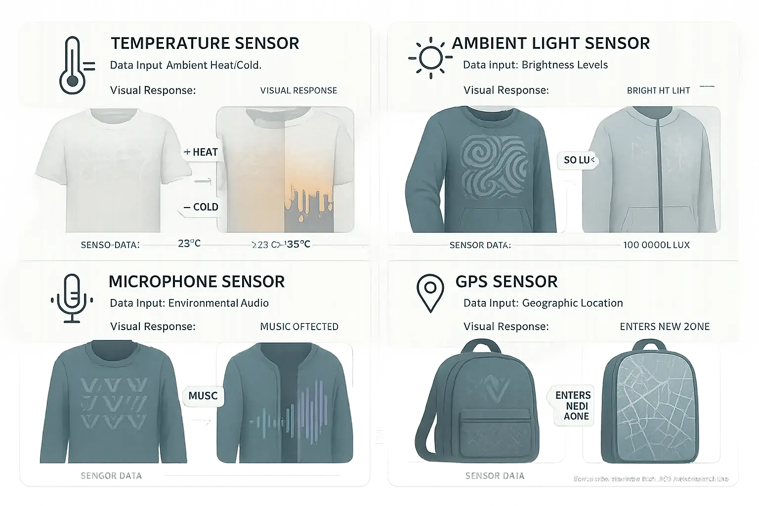 Infographic: Compares environmental sensors (temp, light, sound, GPS) showing data collected & resulting VibeWear