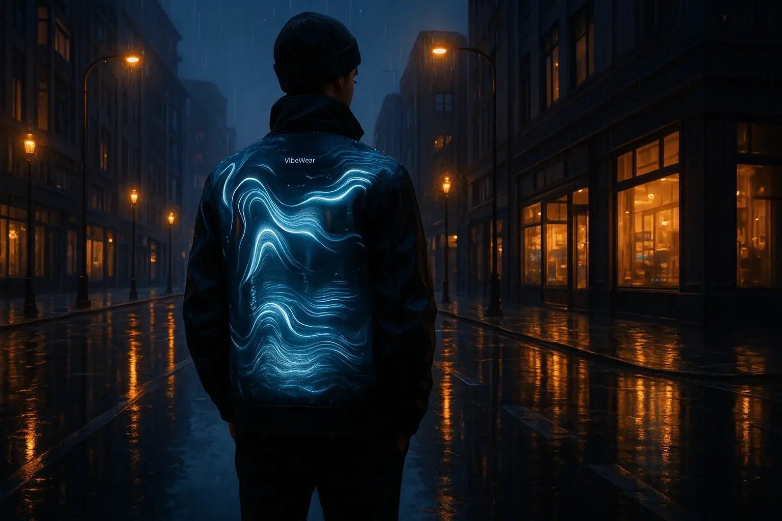 VibeWear dynamically adapts to urban rain & lights; patterns shift via sensors, blending into the scene.