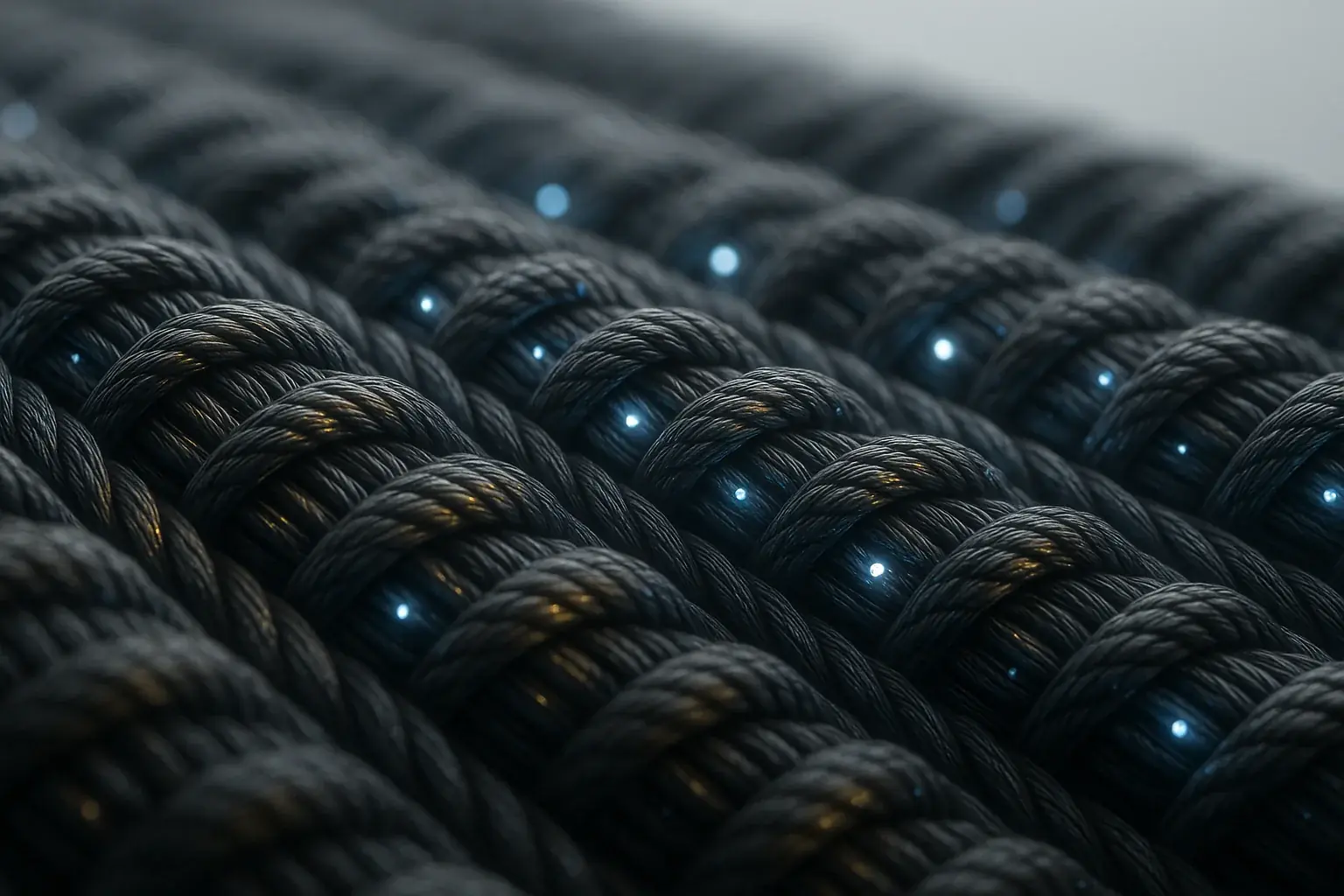 Invisible, glowing micro-sensors in futuristic fabric with energy-harvesting threads, envisioning advanced environmental