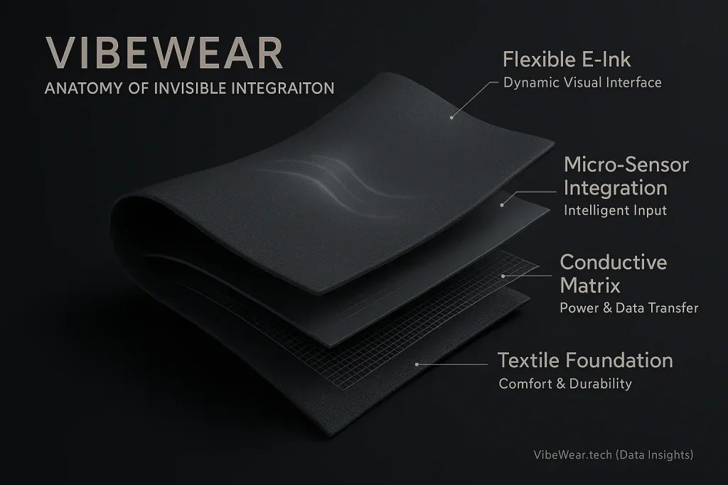 Infographic: Smart fabric layers—textile, conductive, E-Ink, tiny sensors—invisibly woven, revealing integration complexity.