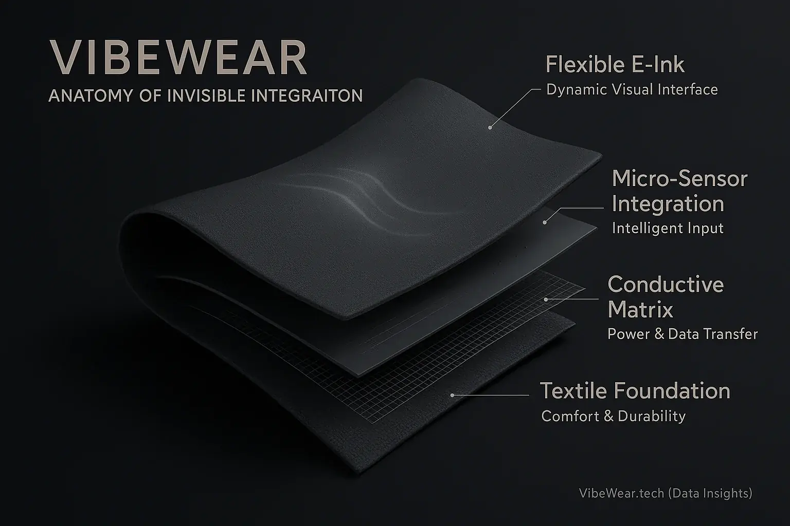 Infographic: Smart fabric layers—textile, conductive, E-Ink, tiny sensors—invisibly woven, revealing integration complexity.