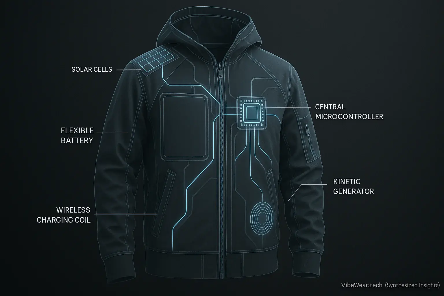 Diagram: Flexible batteries, wireless charging, &amp; harvesters connecting to a central microcontroller in smart apparel.