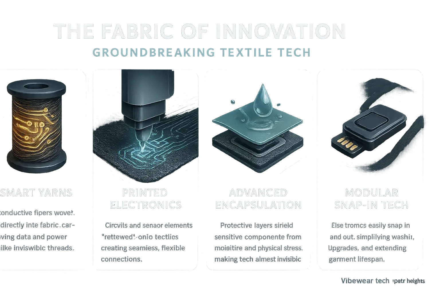 Infographic explaining 4 textile tech breakthroughs: Smart Yarns, Printed Electronics, Advanced Encapsulation, Modular