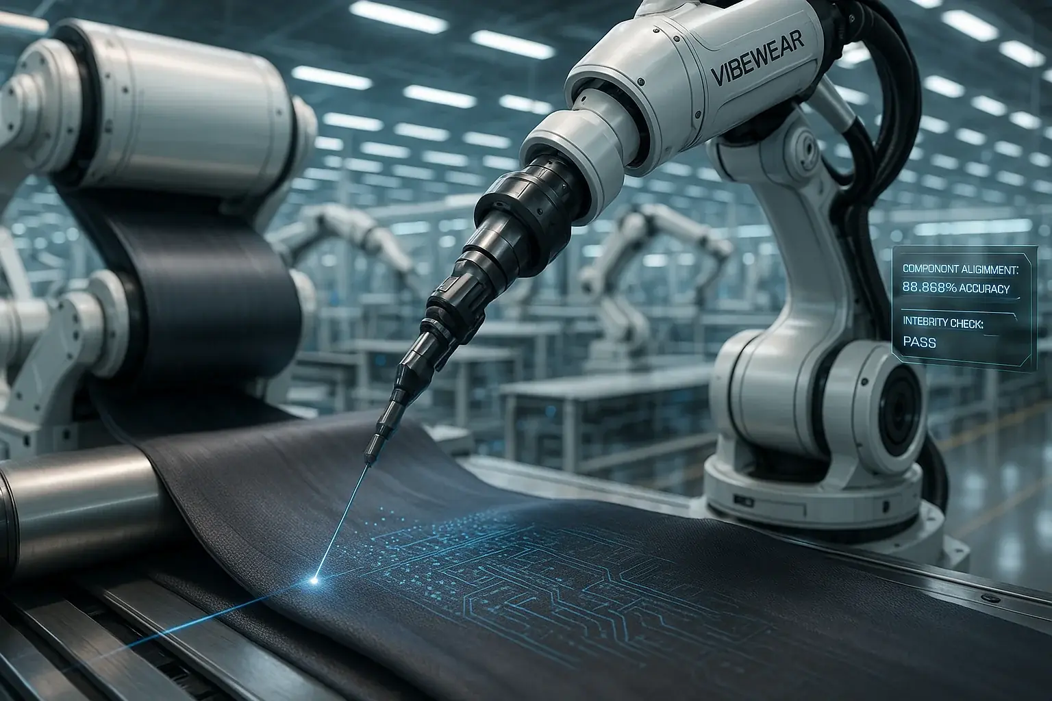 Futuristic assembly line: robotic arms precisely embed electronics into fabric rolls, showcasing scaled smart textile