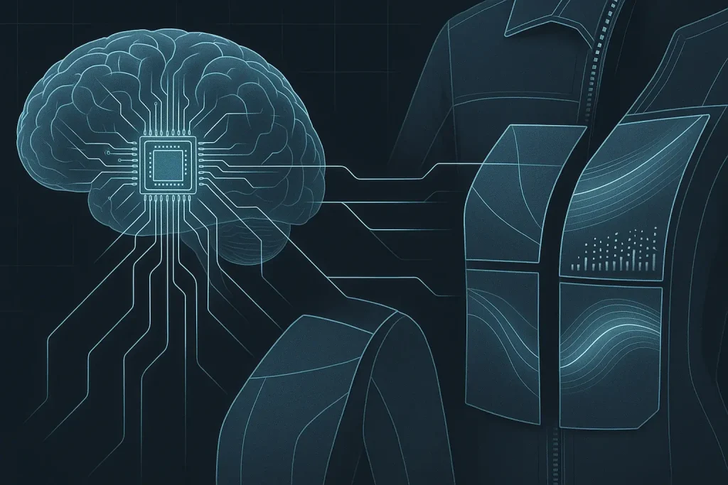 Stylized brain connected to circuit board, with lines to clothing, showing microcontroller as smart apparel's brain.