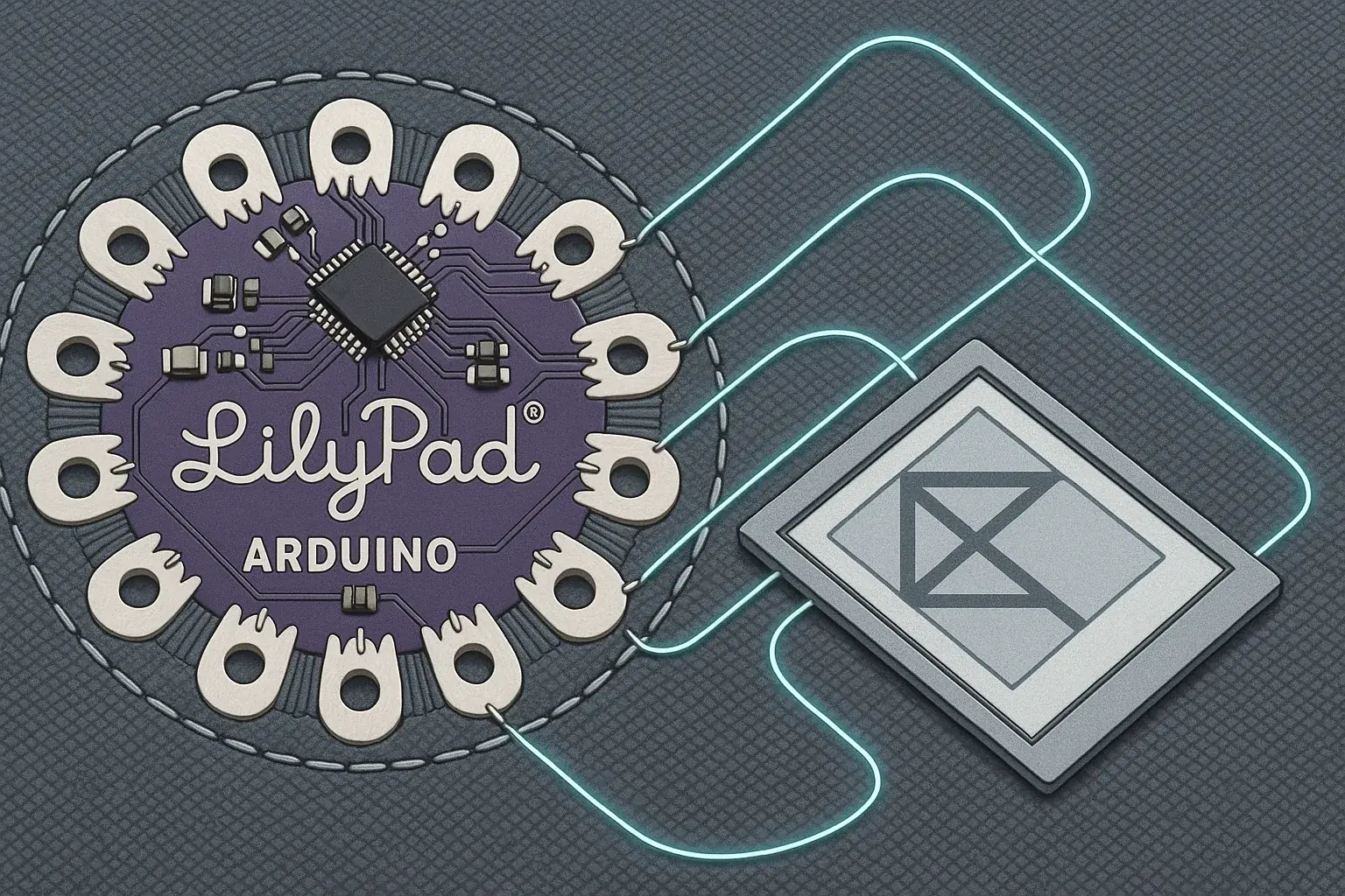 Arduino LilyPad seamlessly integrated into fabric, with glowing lines to an E-Ink display, showing easy wearable creation.