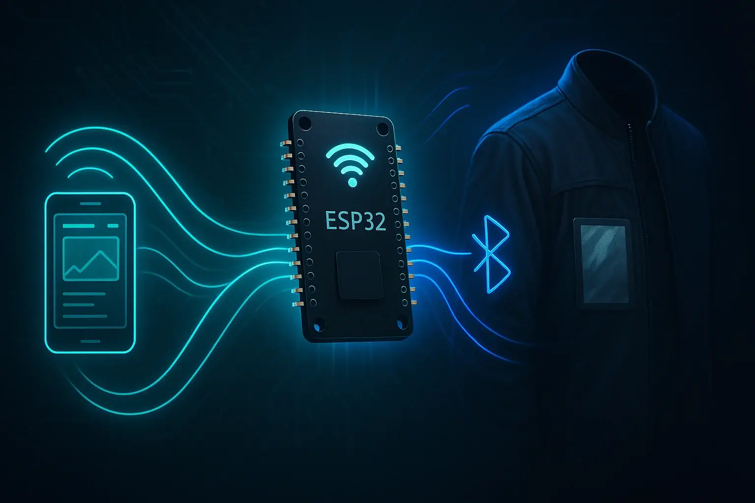 ESP32 board connects to smartphone &amp; E-Ink on VibeWear clothing via abstract Wi-Fi, Bluetooth network lines.