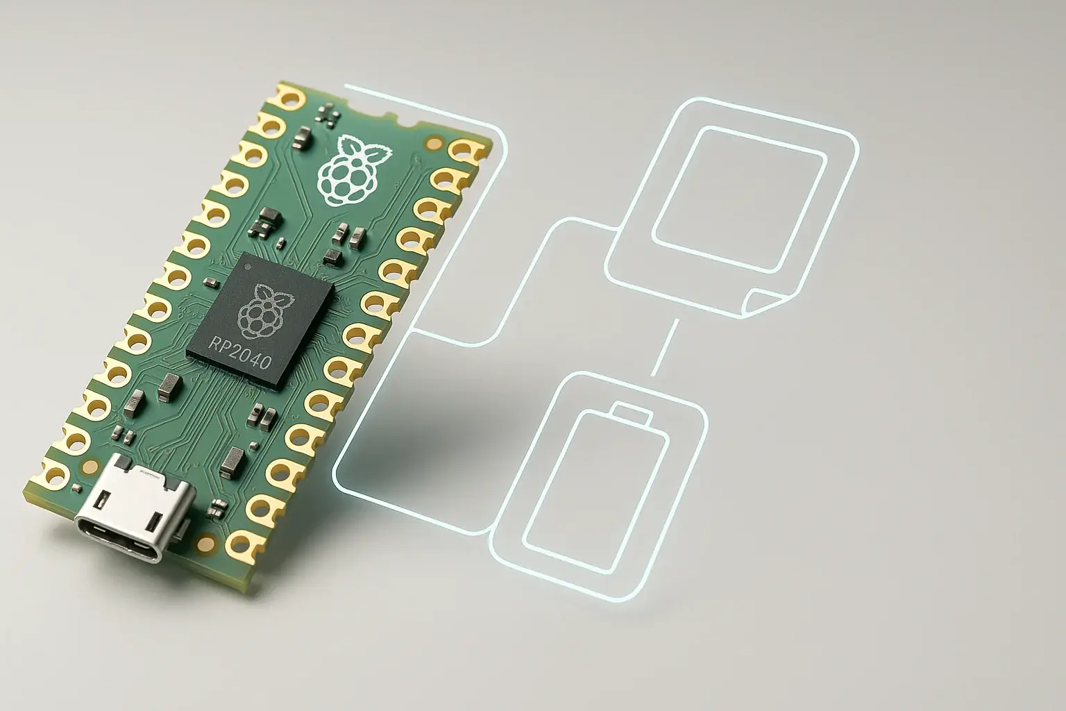 Minimalist Raspberry Pi Pico illustration with E-Ink &amp; battery, highlighting its compact size &amp; versatility for VibeWear.
