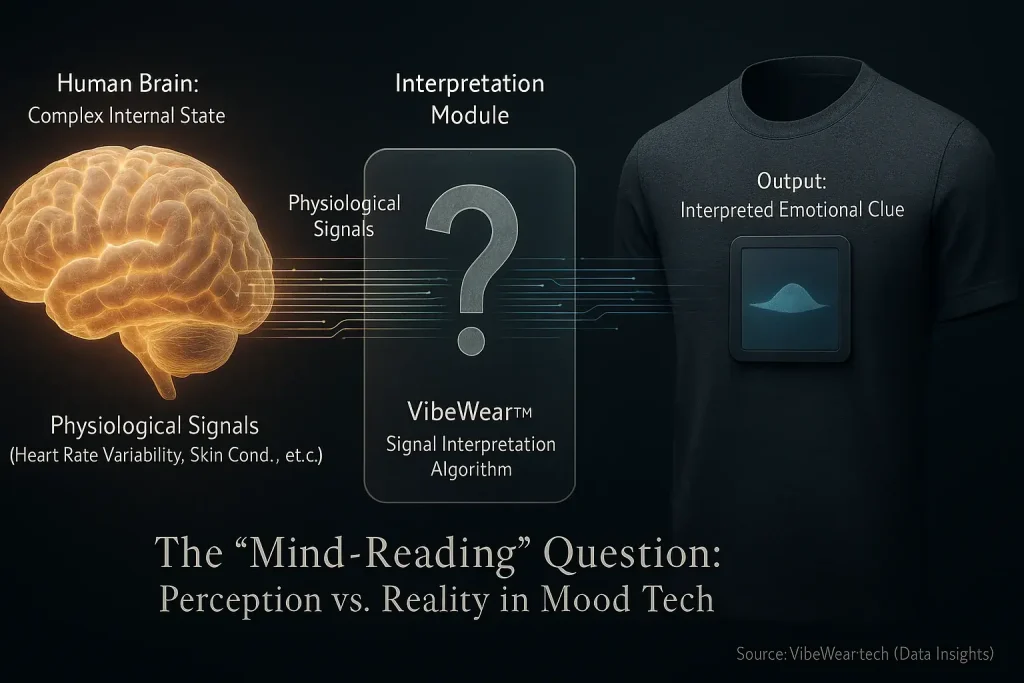 Stylized brain connected to E-Ink shirt: VibeWear interprets signals, not minds, clarifying mind-reading hype vs. reality.